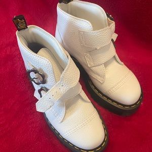 Dr. Marten Devon Flyer Buckle Leather Platform Boots in white